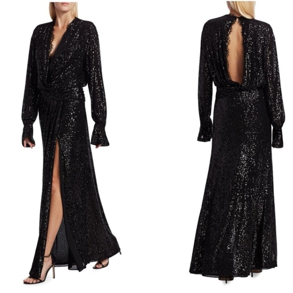 Jonathan‎ Simkhai Black Sequined Plunge Lace Draped Gown NWT - Picture 3 of 14